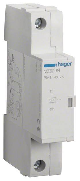 Jednopolové zařízení od Hageru, model MZ529N, s napětím 400 V. Zobrazuje symboly a diagramy pro elektrické konfigurace.