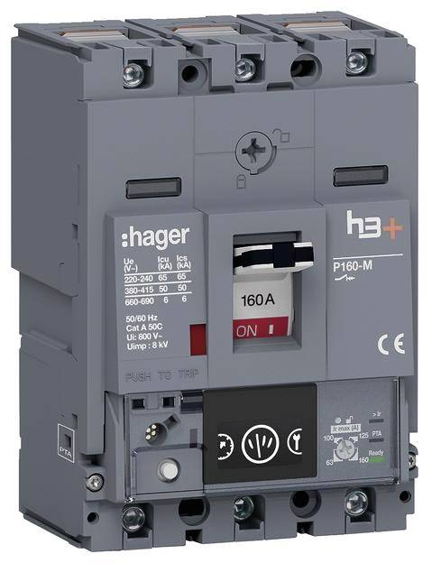 Šedý Hager výkonový jistič, typ H3+, P160-M, s označením 160 A. Povrchové popisy zobrazují elektrické specifikace.