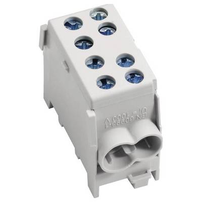 Elektrický připojovací blok s šesti modrými šroubovacími svorkami v šedém pouzdře, vhodný pro elektrické zapojení a instalace.