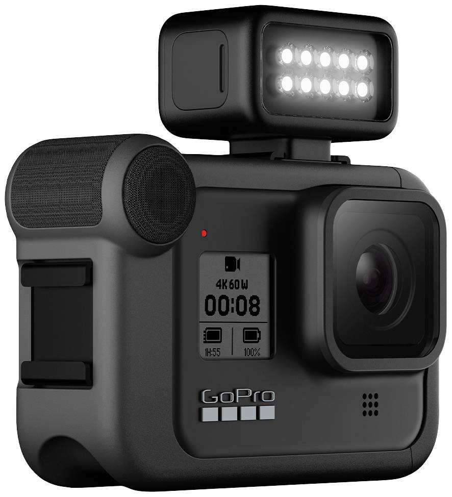 Černá akční kamera s obdélníkovým LED světlem nahoře zobrazuje na displeji '4K 60W' a 'GoPro'.