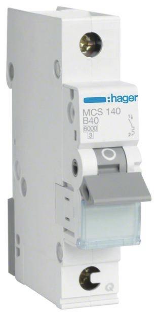 Jednopólový proudový jistič Hager MCS 140 B40 s jmenovitým proudem 40 A, vhodný pro zabezpečení elektrických obvodů.