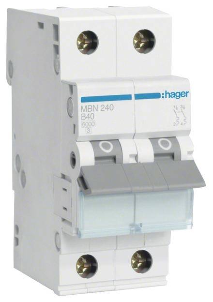 Dvoupólový jistič značky Hager, model B40, určený pro 240 voltů, vhodný k přerušení elektrického obvodu.