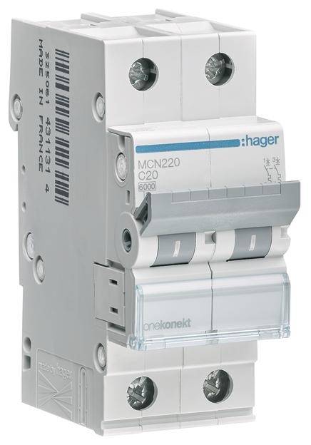 Dvoupólový jistič Hager, model MCN220 C20. Je šedý s modrými a bílými detaily, vhodný pro elektrické instalace.