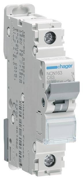 'Automatický jistič Hager, model NCN163, 63A, 10kA. Chrání elektrické obvody před přetížením a zkratem.'