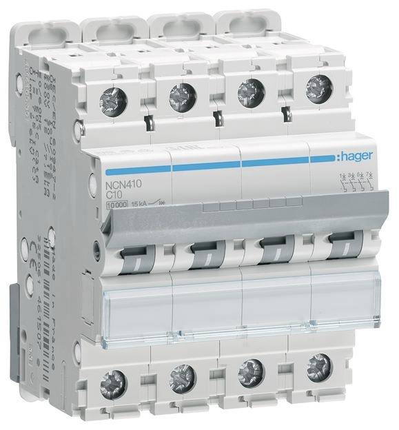 'Jistič se čtyřmi spínači, značka Hager, model NCN410 C10, 10 A, 400 V, pro elektrickou bezpečnost.'