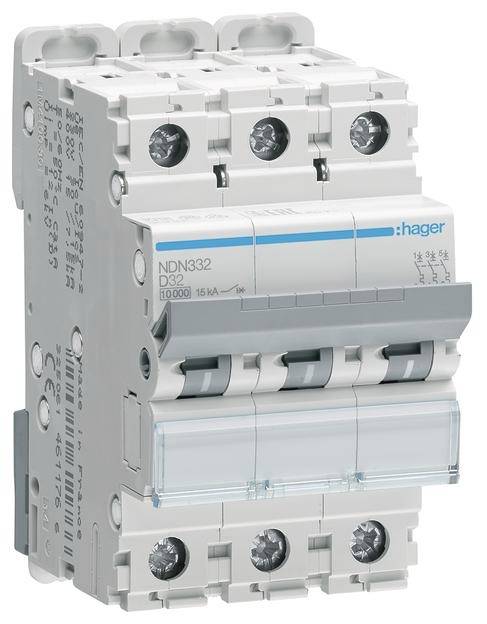 Třípólový výkonový jistič značky Hager, model NDN332. Vhodný pro použití v elektrických rozvaděčích.