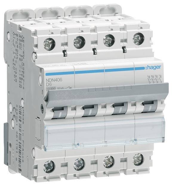 Bílý čtyřpólový jistič od společnosti Hager s modrými a šedými prvky, model 'NDN406 D6'.