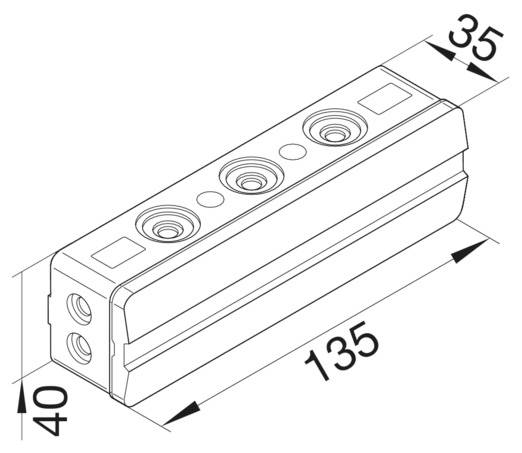Technický výkres rozvaděče s rozměry: délka 135 mm, výška 40 mm, šířka 35 mm. Horní strana se třemi kulatými přípojkami.