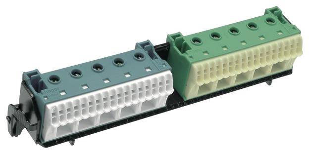 Elektrický konektor se dvěma řadami svorkovnic, jedna v šedé a druhá v zelené barvě, určený pro zapojení vodičů.