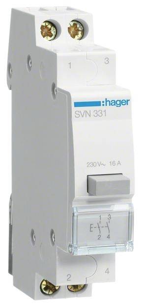 Elektrický ochranný spínač 'Hager SVN 331', 230V~ 16A, s otevřenými kontakty nahoře a přípojkami dole, šedo-bílé pouzdro.