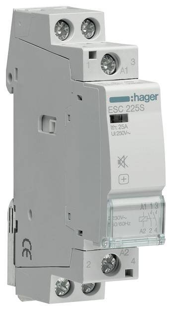 Elektrický stykač Hager, model ESC 225S, dimenzovaný na 25A a 250V, s připojovacími body a symboly na přední straně.