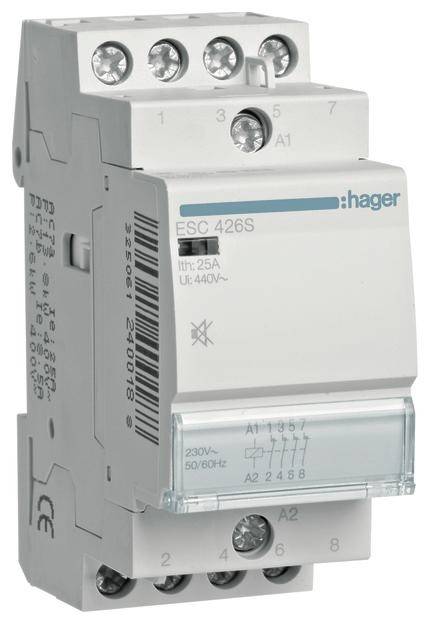Elektrický stykač Hager, model ESC 426S, pro 230V/440V, 25A, určený pro ovládání elektrických zátěží v rozváděčích.