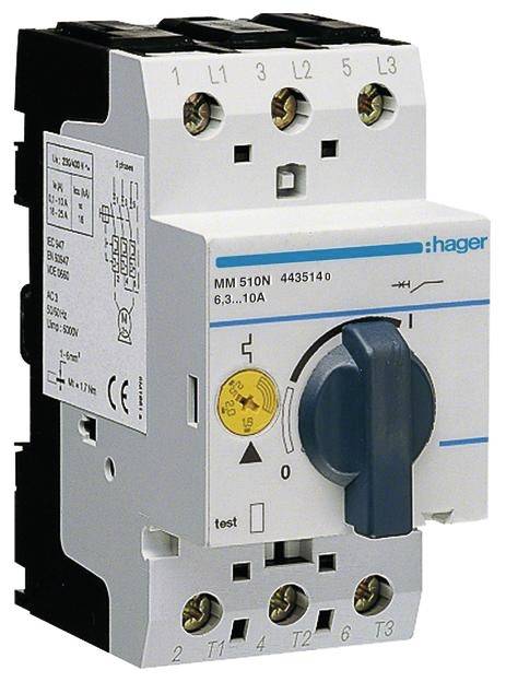 Kompaktní jistič od Hageru s otočnou rukojetí pro manuální přerušení elektrického obvodu. Vhodný pro průmyslové aplikace.