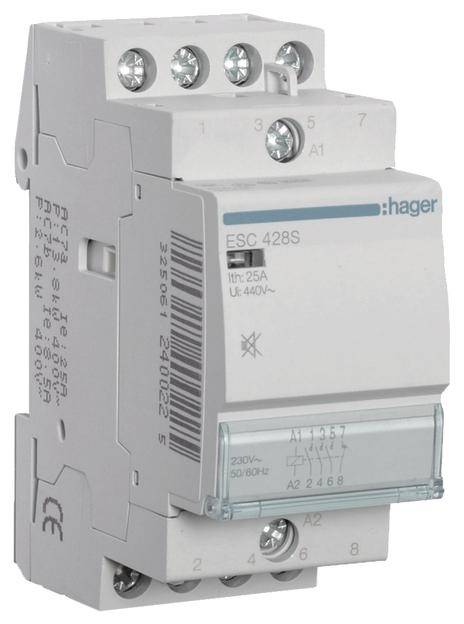 Bílý jistič Hager-Schütz s šedými detaily, model ESC 428S, vhodný pro 25A a 440V. Má několik připojovacích svorek.