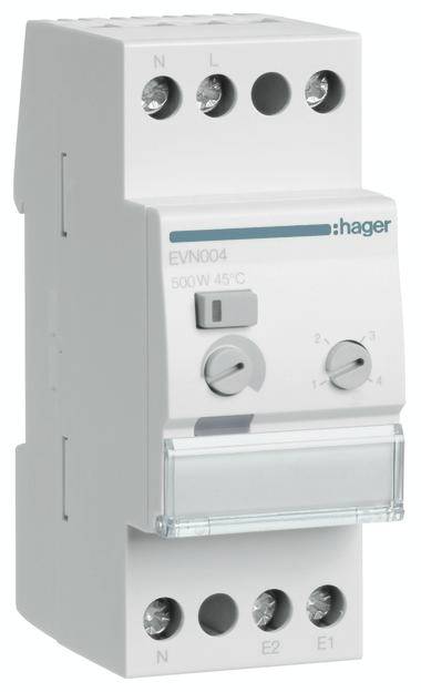Elektrické relé značky 'hager' s názvem modelu 'EVN004'. Je specifikováno pro 500 W a 45°C a má připojovací svorky umístěné nahoře a dole.