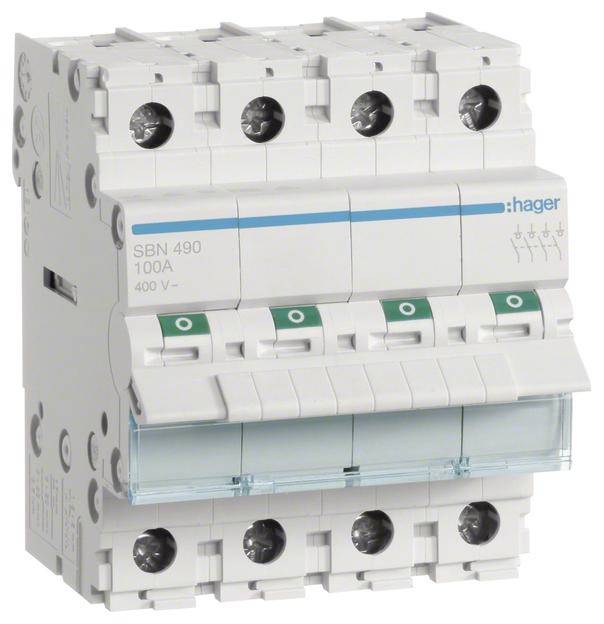 Elektrický výkonový jistič s označením 'SBN 490 100A 400V~' na přední straně. Má čtyři přepínače.