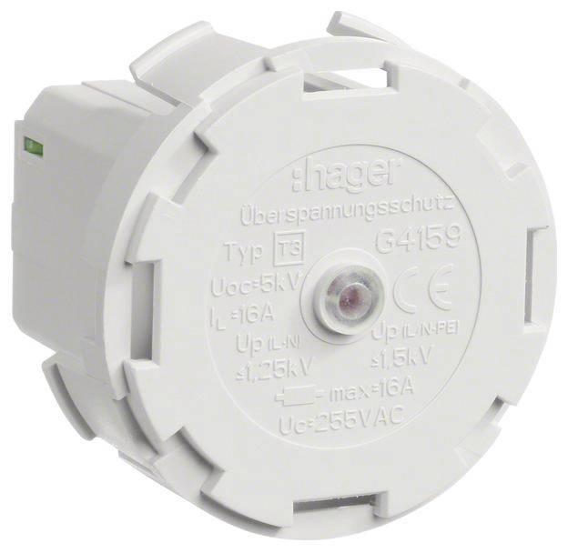Bílý svodič přepětí typu T3, model G4159, s vytištěnými technickými specifikacemi, včetně Uoc 5 kV a max. 16 A.