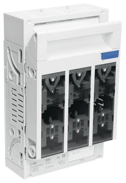 Třípólový výkonový vypínač s bílým krytem a černým vnitřním mechanismem, vhodný pro 250A, zobrazuje technické detaily elektrického jištění.