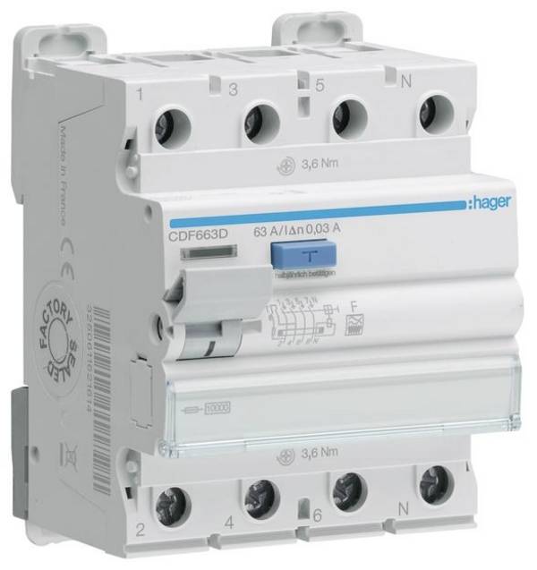 Hager CDF663D CDF663D proudový chránič  F   4pólový 63 A 0.03 A 400 V