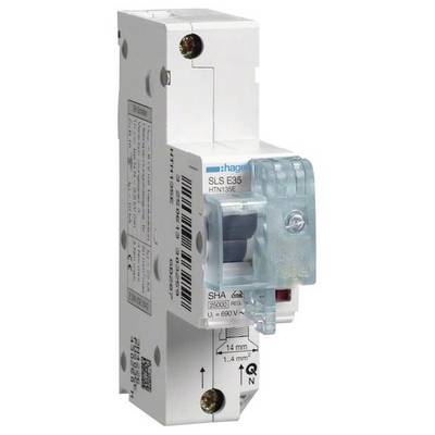 Jednopólový jistič, typ Hager SLS E35 HTN135E, dimenzovaný pro 230/400 V, s ochranným stupněm SHA do 25 000 A.