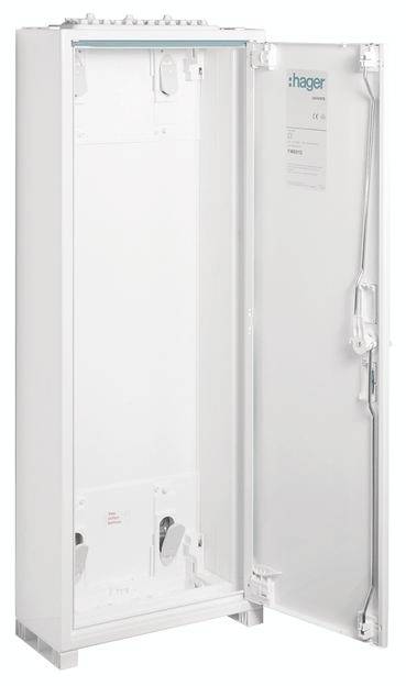 Otevřený prázdný rozvaděč Hager s otevřenými dvířky. Vhodný pro instalaci elektrických komponentů.