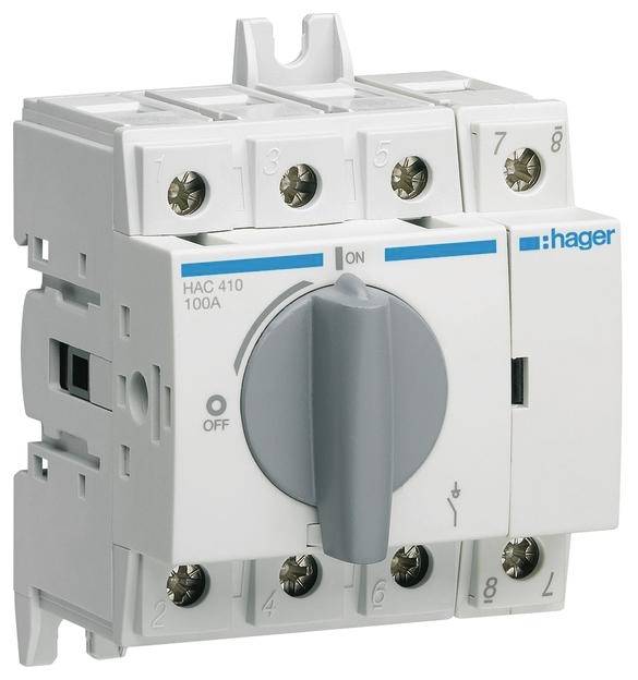 Šedý štíhlý odpojovač Hager HAC410K s otočnou rukojetí pro odpojení elektrického obvodu, označený štítky 'ZAP' a 'VYP'.