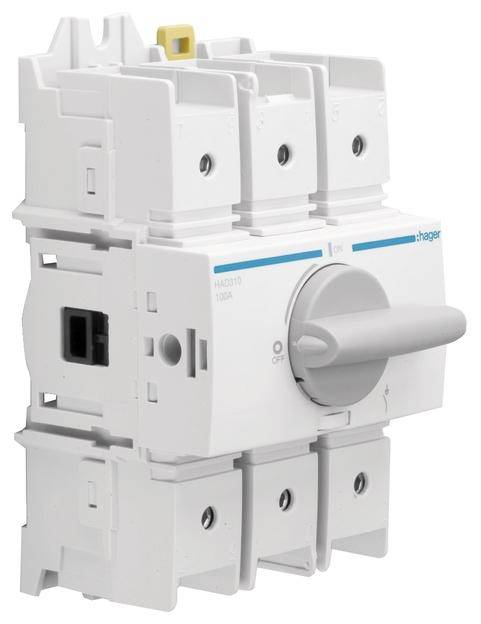 Izolovaný, bílý elektrický spínač s otočným ovladačem. Vyvinutý pro ovládání elektrických obvodů v elektrických instalacích.