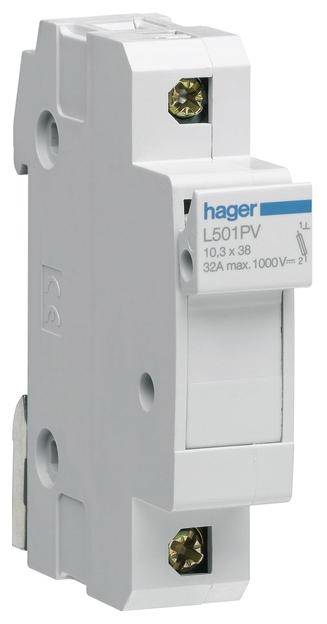 Jednomodulový pojistkový odpínač značky Hager s označením 'L501PV', vhodný pro 32A, 1000V, ve formátu 10,3 x 38 mm.