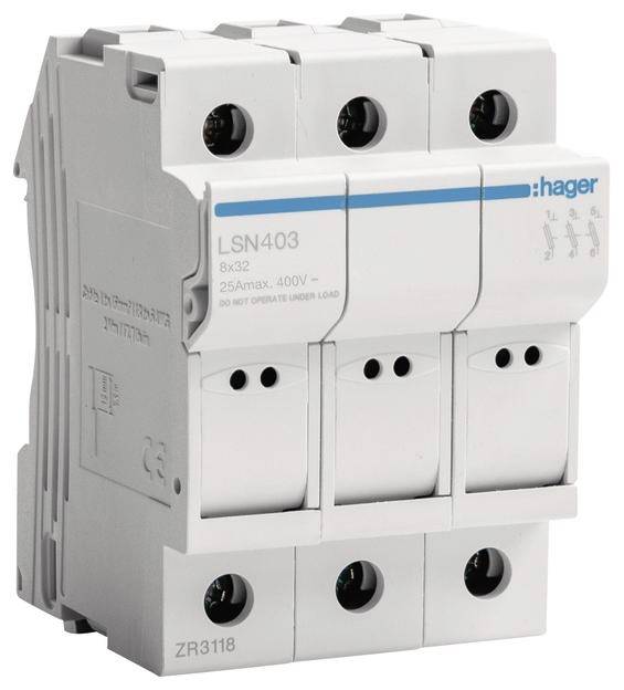 Třípólový jistič, model LSN403 od firmy Hager, 25A, 400V. Vhodný pro ovládání elektrických spotřebičů.