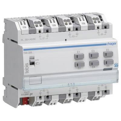 Elektronická řídicí jednotka s několika spínači a přípojkami, navržená pro montáž na DIN lištu v elektrickém rozvaděči.