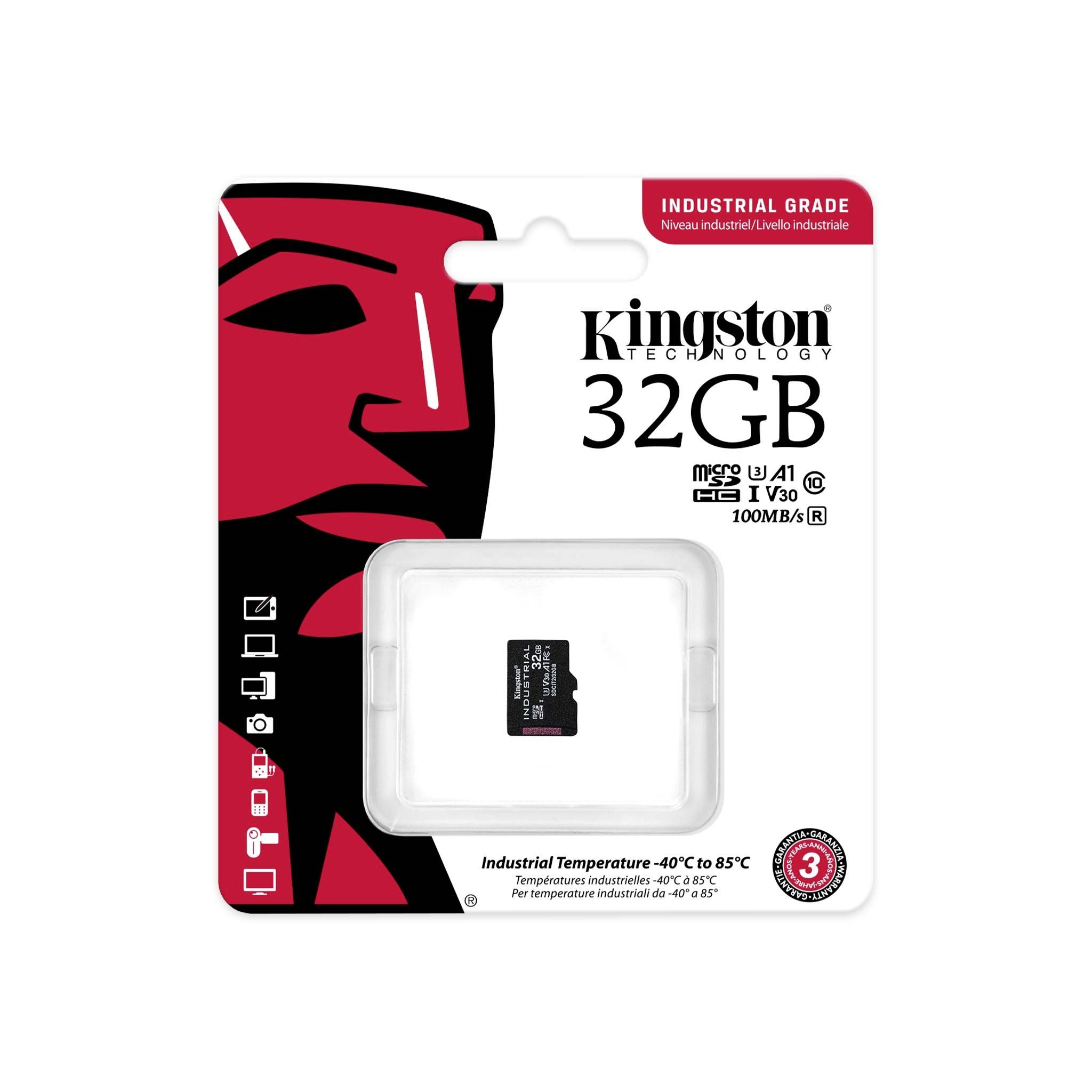 Kingston microSD karta, 32 GB, průmyslová třída, 100 MB/s, teplotní rozsah -40°C až 85°C, vhodná pro extrémní podmínky.
