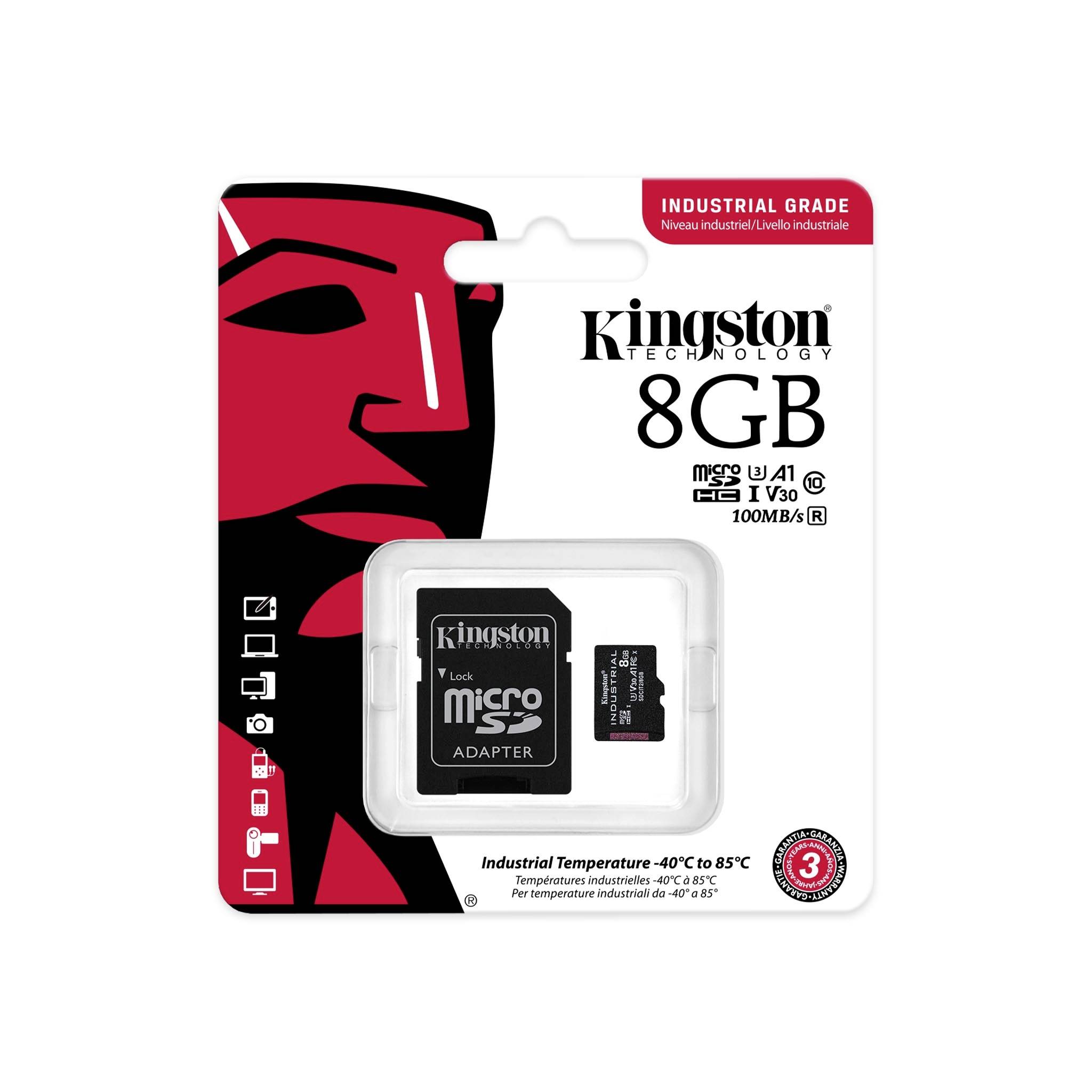 Průmyslová karta Kingston microSD, 8 GB, s adaptérem, rychlost čtení 100 MB/s, vhodná pro extrémní teploty.