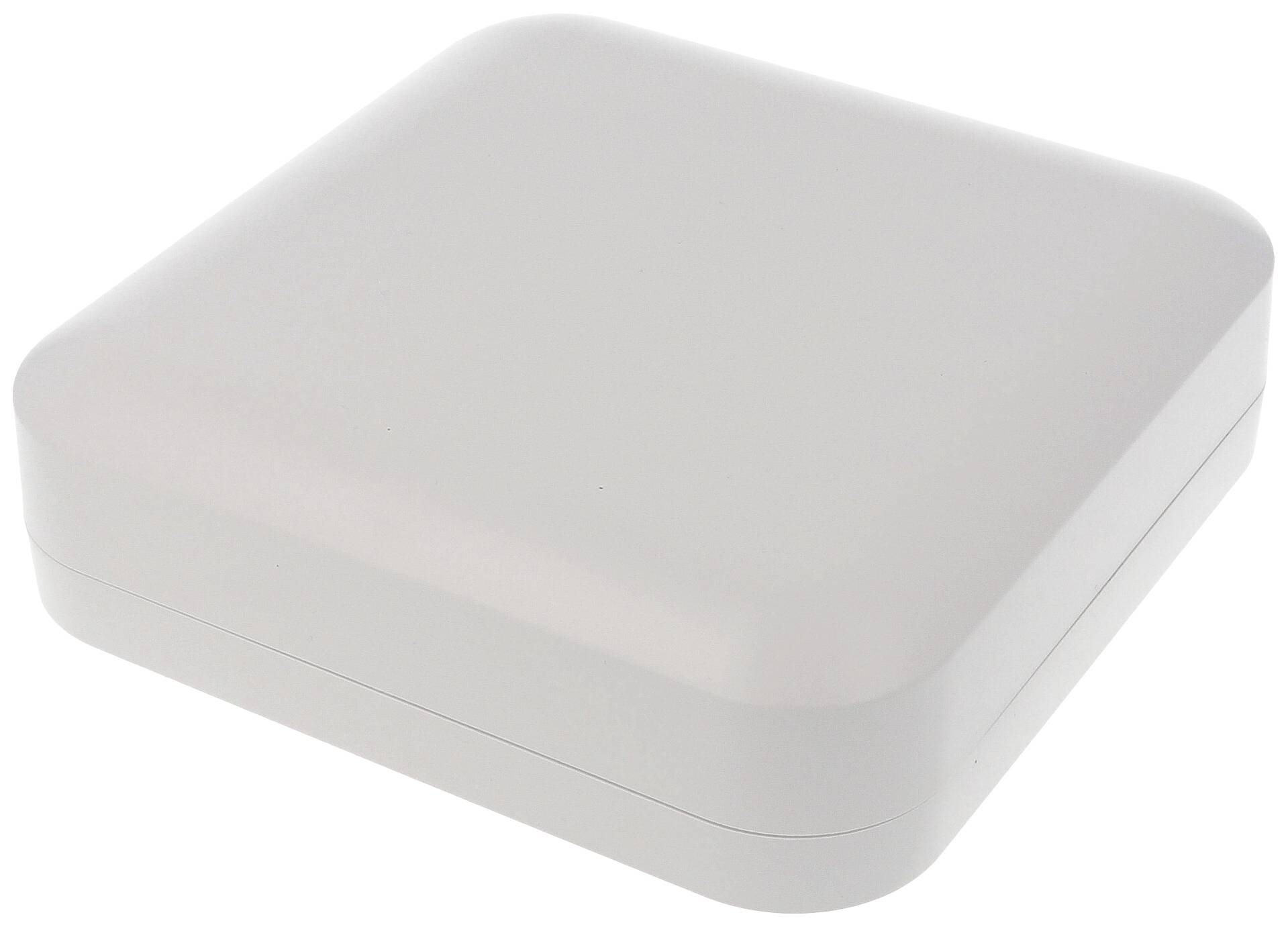 Bílý, čtvercový box se zaoblenými rohy, uzavřený a minimalisticky navržený.
