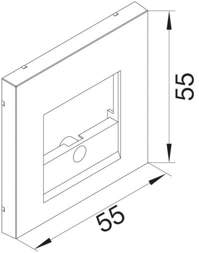 Technický výkres čtvercového krycího rámečku s rozměry 55x55 mm, zobrazující detail upevnění ve středu.
