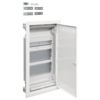 Bílá rozvodná skříň s otevřenými montážními komponenty a šrouby nahoře. Ideální pro instalaci elektrických součástek.