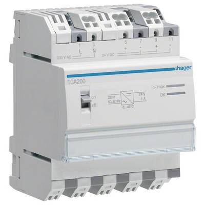 'Hubený relé proudového impulzu, model TGA200, s označeními pro 230 V AC a 24 V DC. Obsahuje spínač a svorky nahoře.'