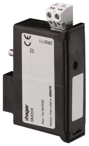 Elektronický modul s nápisem 'Hager SM204' a 'ZRO711'. Jsou viditelné značení pro svorky 19 a 18.