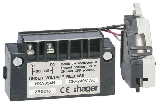 Podpěťová spoušť od Hager, model HXA054H, napětí 220-240V AC, zobrazuje svorky D1 a D2.