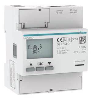 Elektroměr s LCD displejem zobrazujícím 'Modbus 80A'. Obsahuje ovládací tlačítka a svorky Modbus RS-485 nahoře. Firemní logo vlevo nahoře.