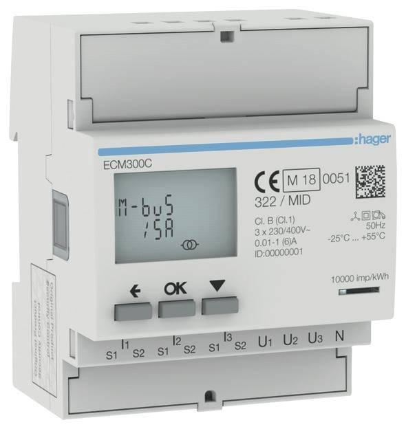 Třífázový digitální elektroměr s displejem, tlačítky, výrobcem 'Hager', modelem 'ECM300C', značkou CE a technickými specifikacemi.