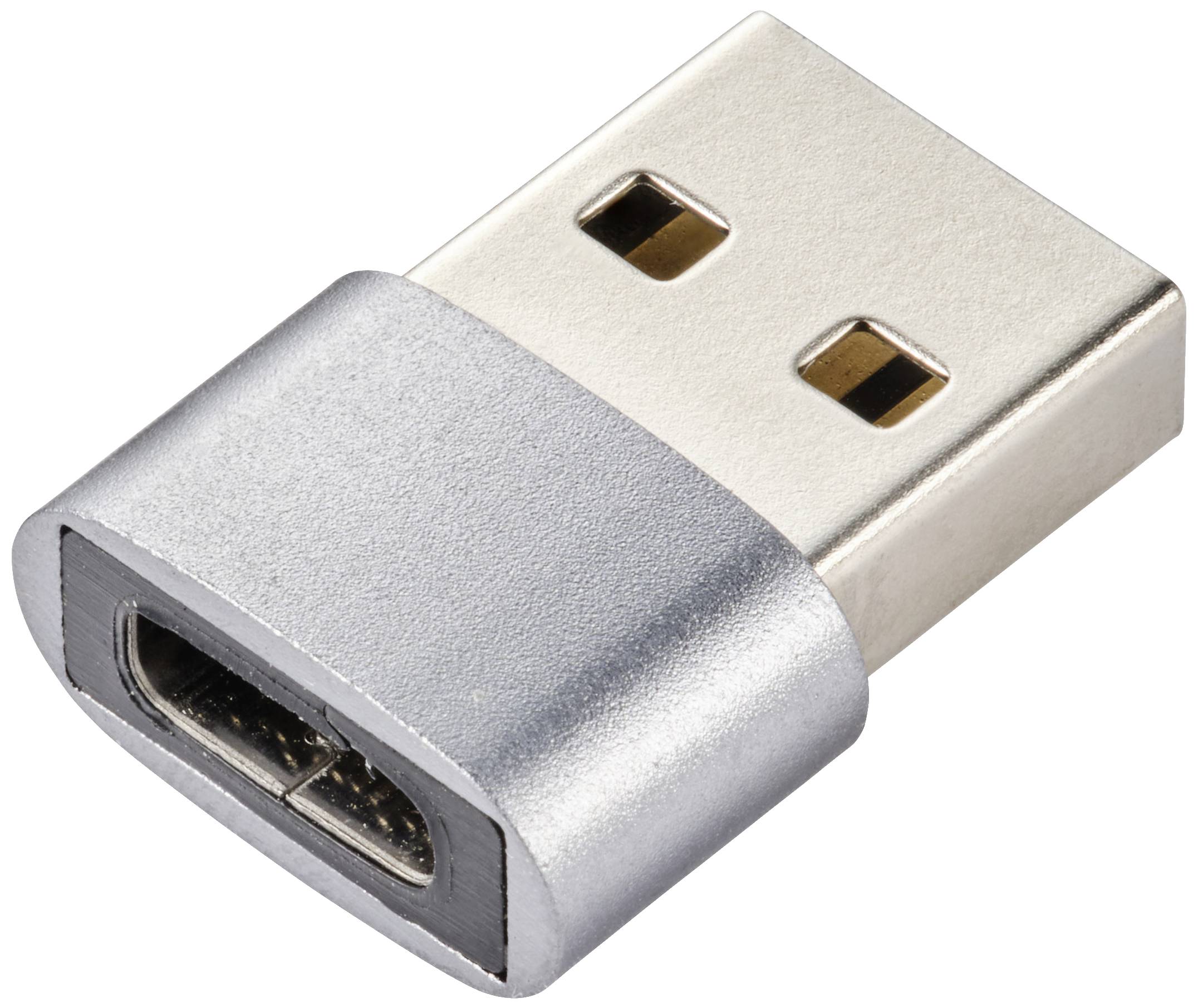 USB adaptér s kovovým tělem, USB-A zástrčka na USB-C zásuvku. Slouží k propojení zařízení s různými konektory.
