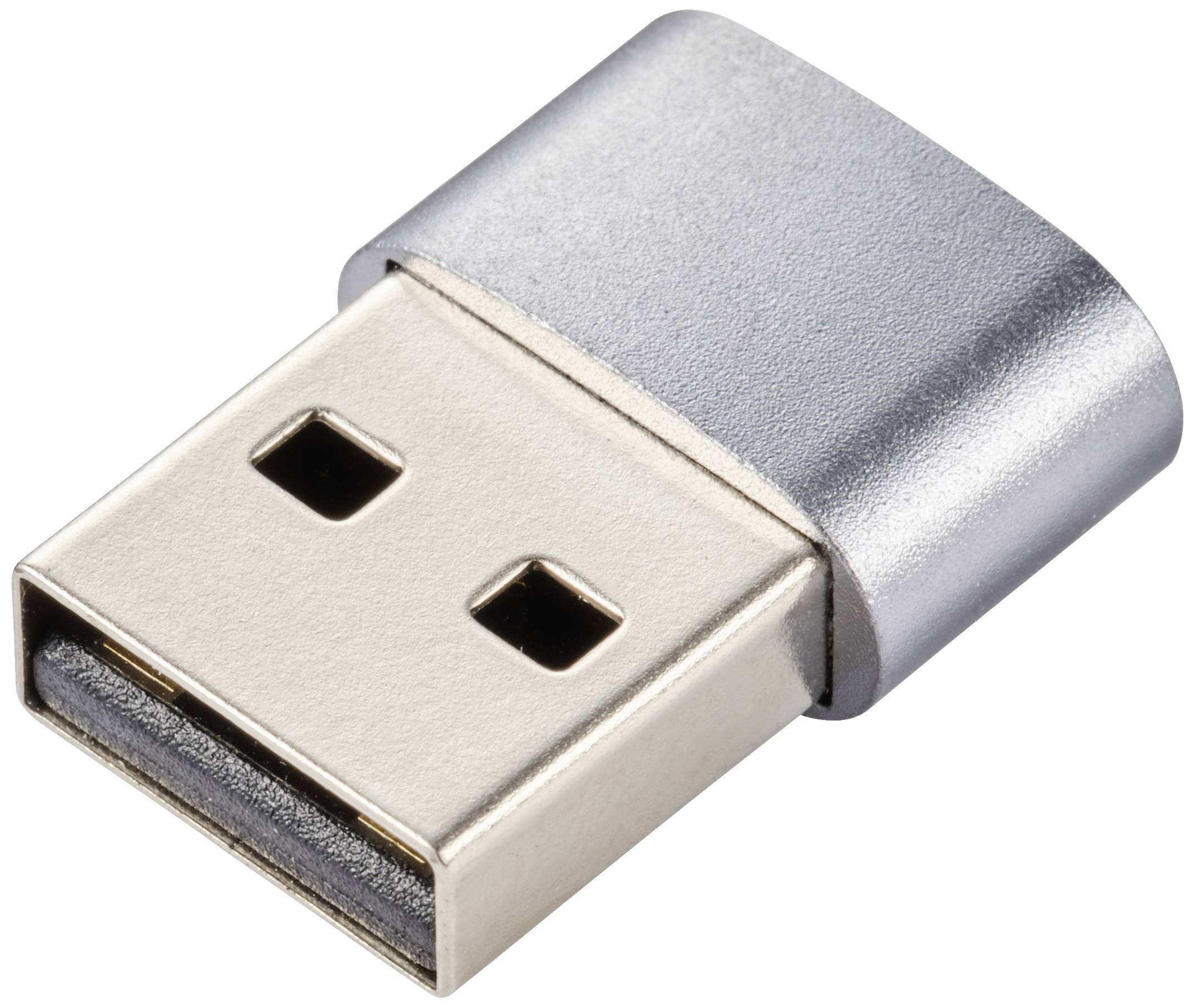 Malý stříbrnošedý USB konektor, typicky používaný pro bezdrátové adaptéry nebo externí úložná zařízení.