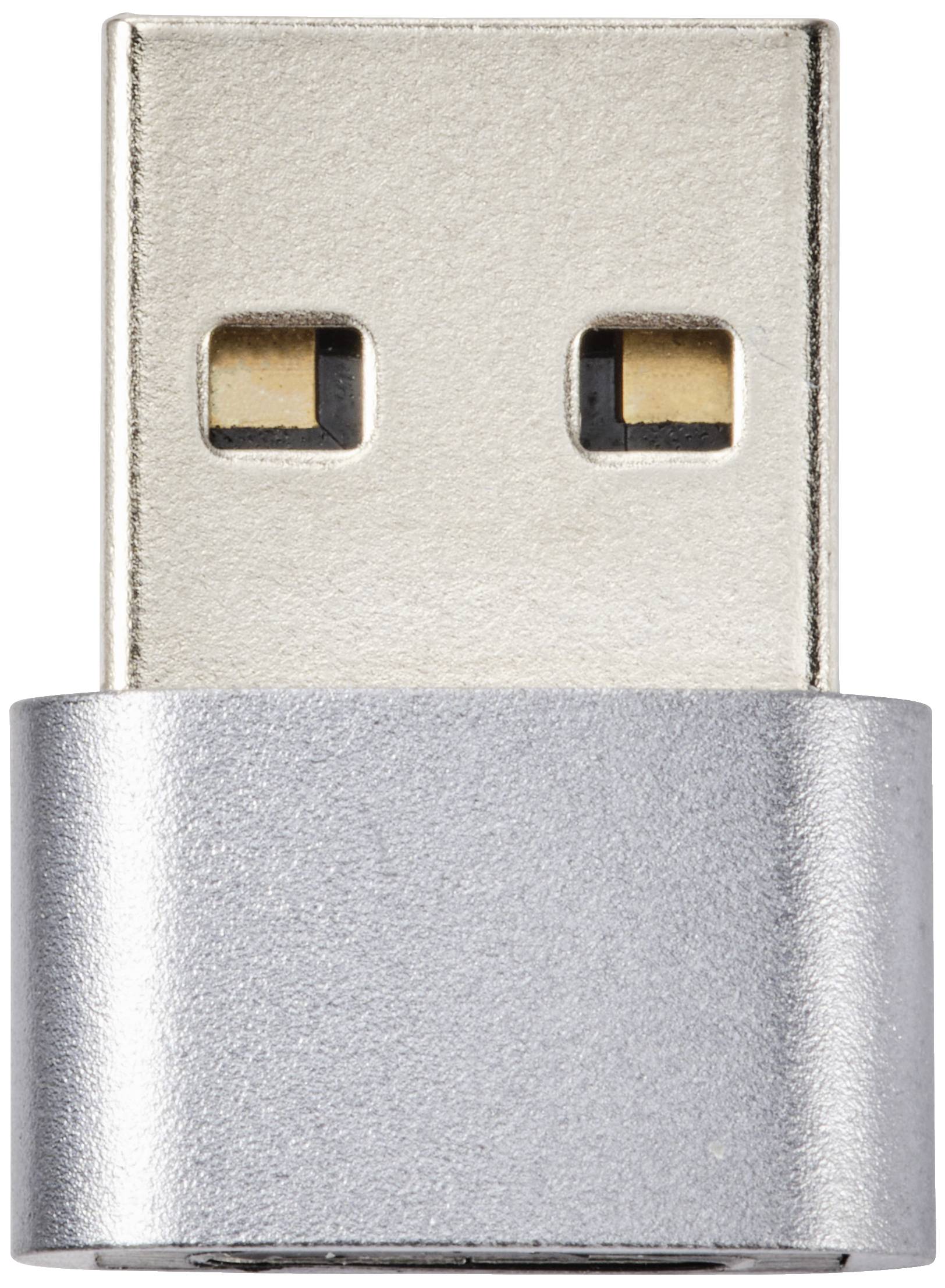 Stříbrný USB konektor v detailním záběru, umístěný uprostřed obrazu.
