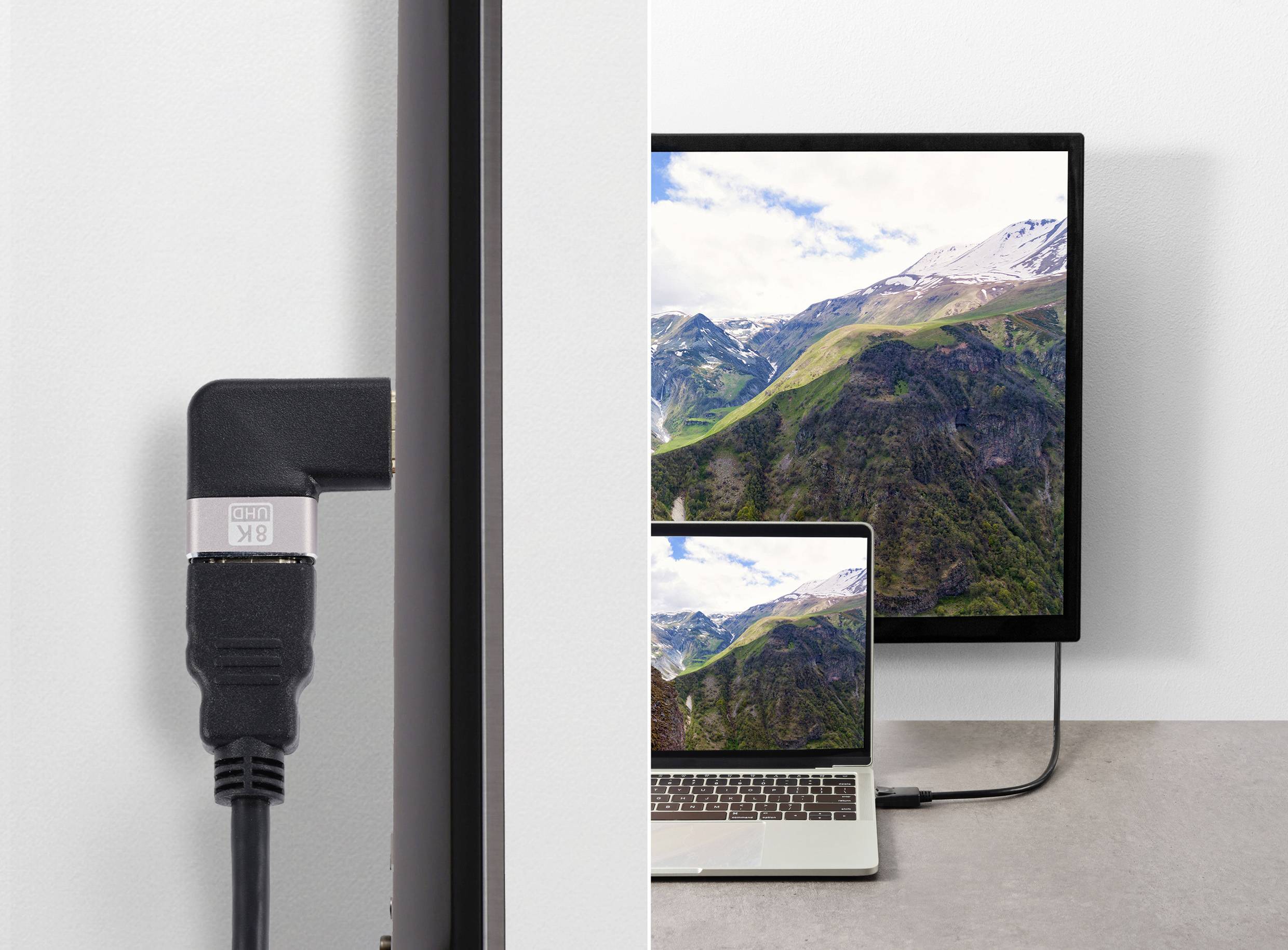 Notebook připojený přes HDMI k monitoru. Vlevo obrázek ukazuje HDMI kabel na monitoru. Vpravo je horská krajina viditelná na obou obrazovkách.