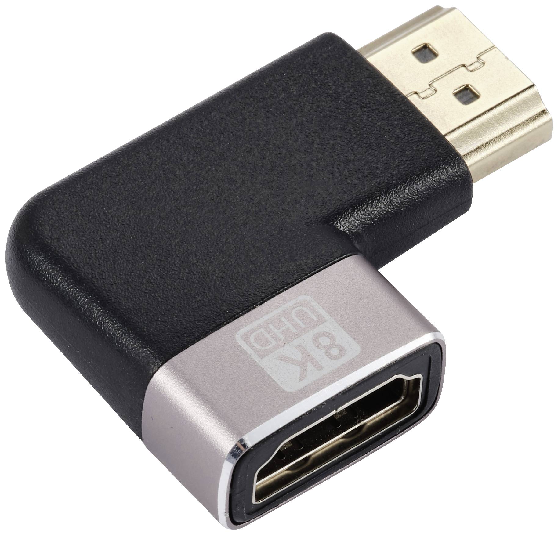 Černý HDMI adaptér ve tvaru písmene L s nápisem '8K UHD'. Adaptér má jeden konektor a jednu zásuvku a slouží k propojení kabelů.