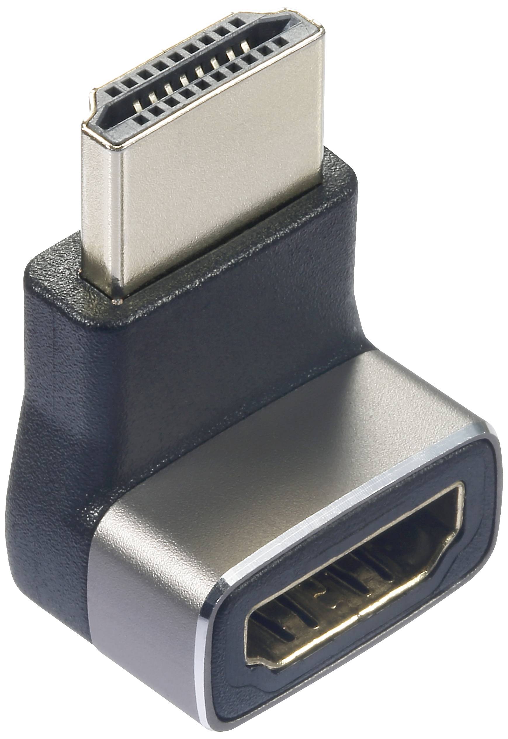 HDMI úhlový adaptér s HDMI zástrčkou a HDMI zásuvkou pro usnadnění připojení v těsných prostorech.