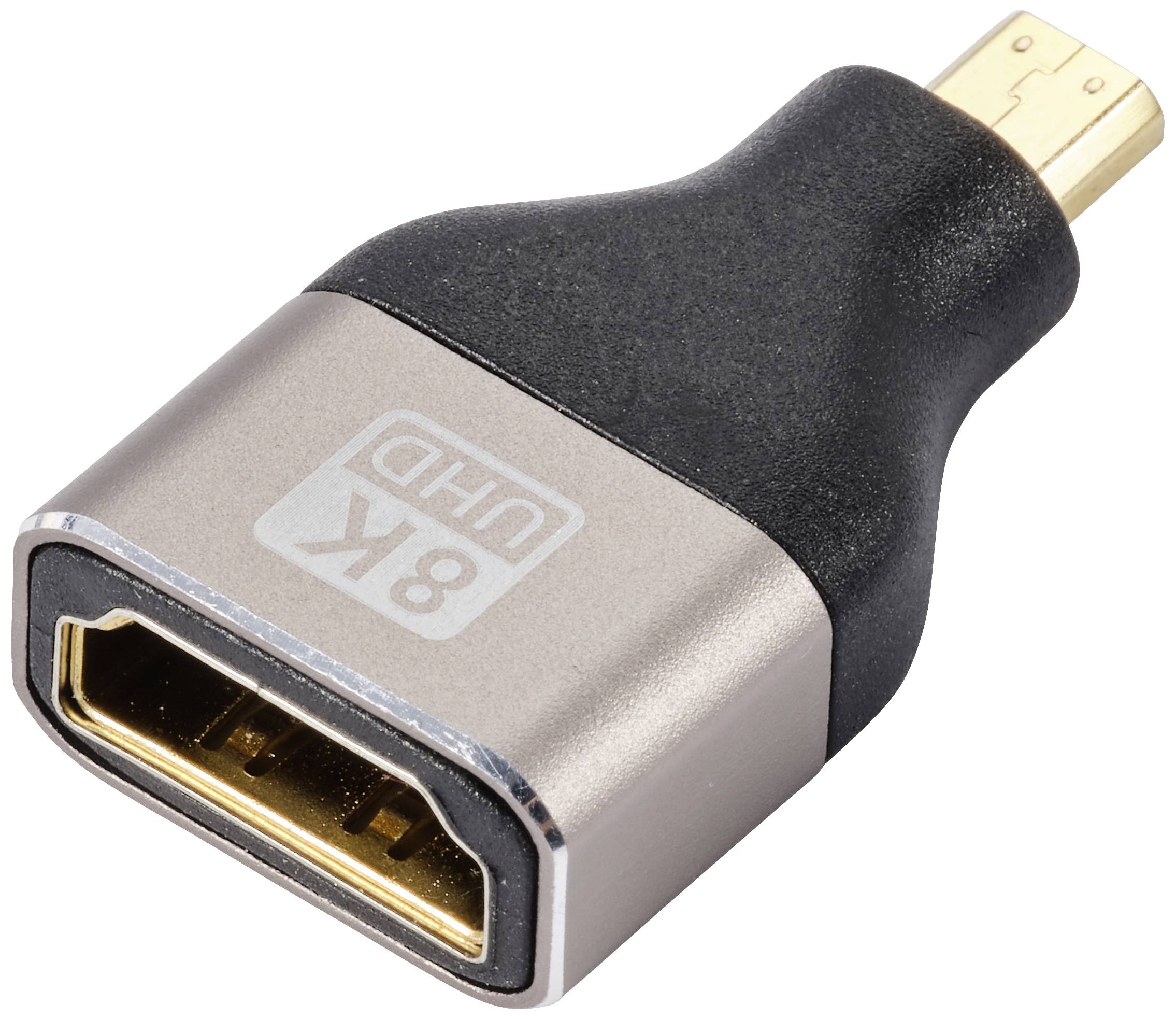 HDMI adaptér pro 8K UHD, s černým a stříbrným pouzdrem, ukazuje připojení pro vysoce kvalitní video a audio připojení.