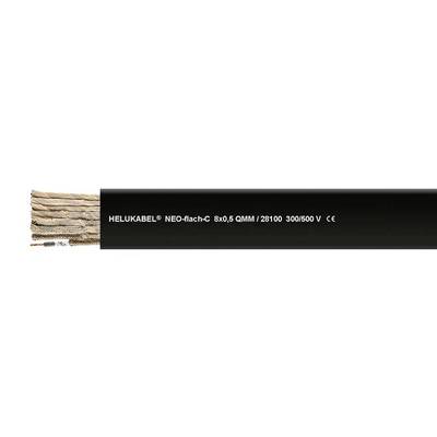 Příčný řez černého kabelu s nápisem 'HELUKABEL NEO-plochý-C 8x0,5 QMM / 28100 300/500 V CE', zobrazující měděné vodiče.