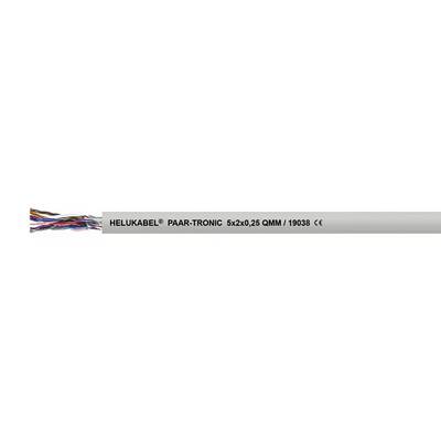 Šedý kabel s viditelnými barevnými vodiči na konci, označený štítkem 'HELUKABEL® PAAR-TRONIC 5x2x0,25 QMM / 19038 CE'.