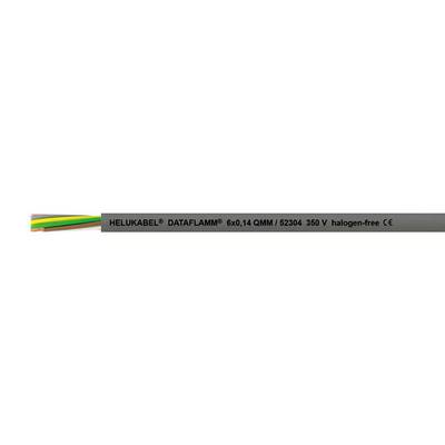 Šedý kabel s nápisem 'HELUKABEL DATAFLAMM 6x0,14 QMM/52304 350 V bez obsahu halogenů CE', zobrazuje několik barevných vodičů.